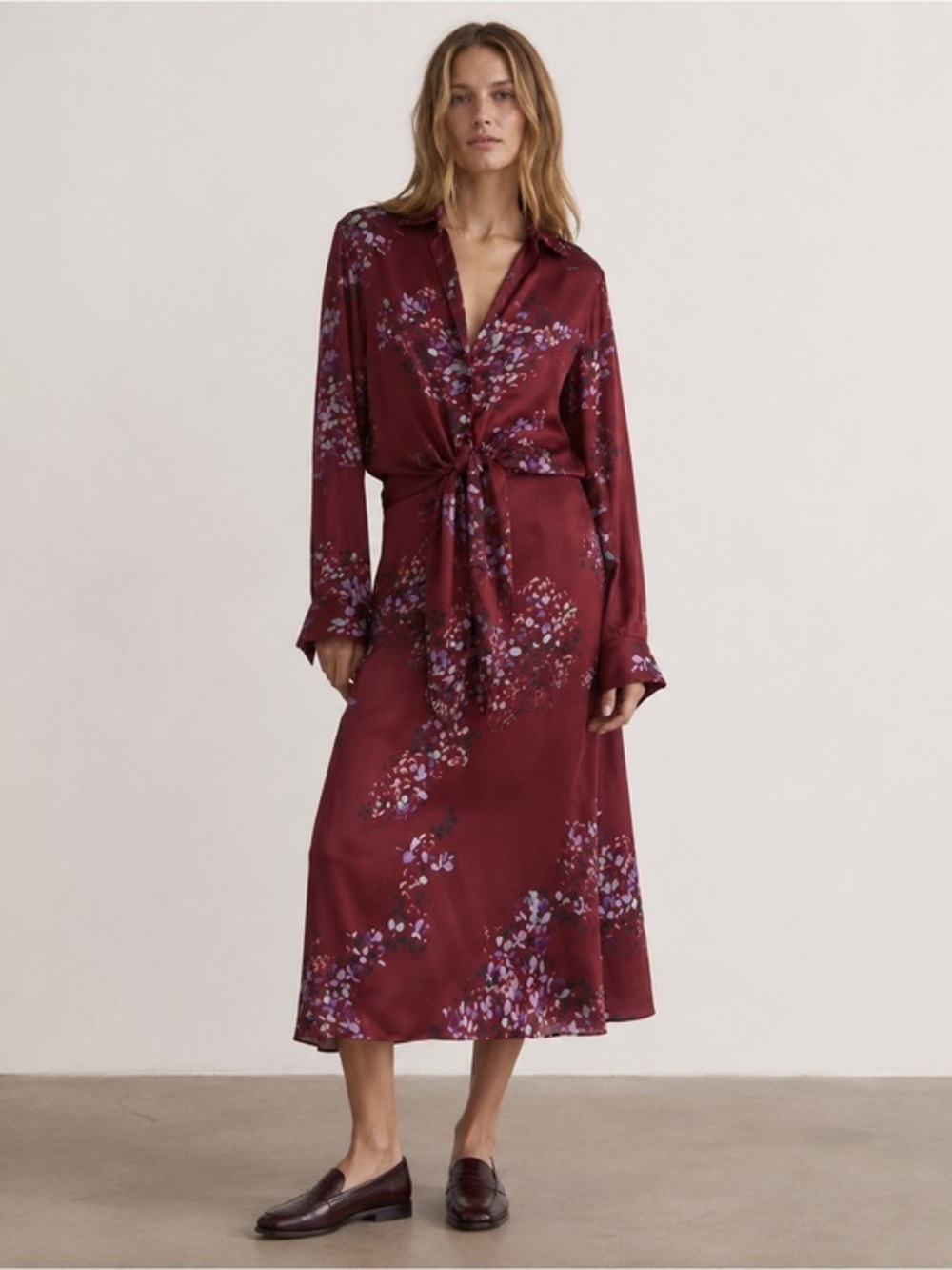Vince maroon floral forsythia midi tie front dress M